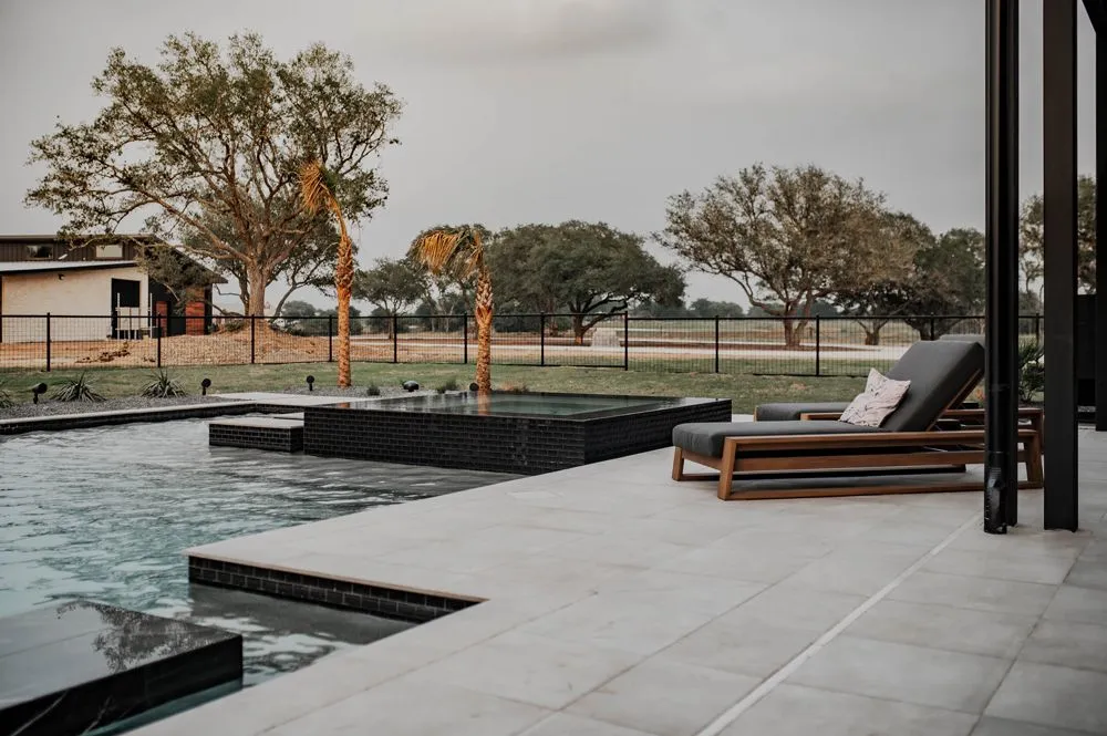 Modern patio with a pool and lounge chair, framed by palm trees and open grassy landscape under an overcast sky